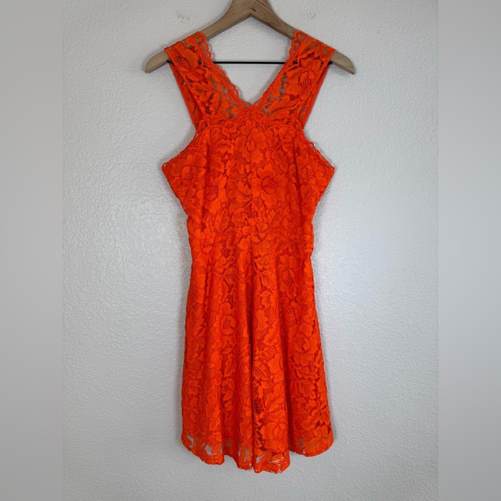 Sandro Paris Riviera Lace Dress in Tangerine Orange size 2 Medium $455 - Picture 3 of 15